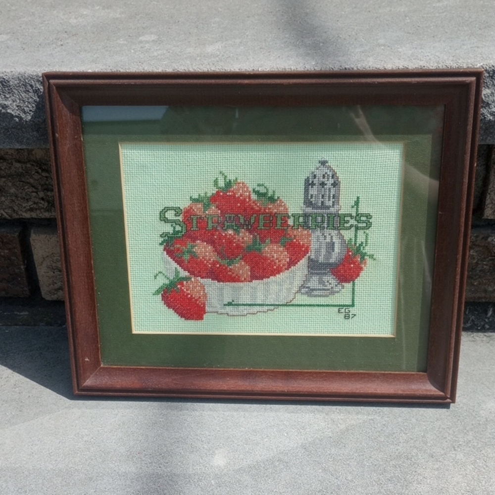 Completed Counted Cross Stitch Strawberry Sampler.  Matted & Framed